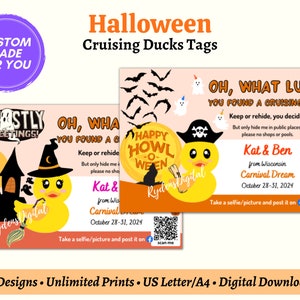 Halloween Cruising Duck Tags Personalized with your Cruise Details, PDF Template Spooky Cruise Duck Tags, 31st October Cruise with Kids