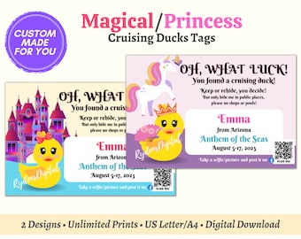 Etiqueta de pato de crucero de diseño mágico o princesa personalizada, etiqueta de crucero personalizada, etiqueta de pato de goma personalizable imprimible, etiquetas de pato de crucero para niños
