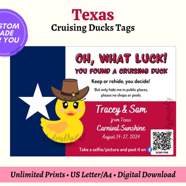 Texas Theme Cruising Duck Tag Personalized with Your Cruise Details, PDF Digital Download Template for Cruise with Kids, Cruising Essential