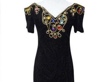 Vintage 80's Jeweled Black Velvet Dress