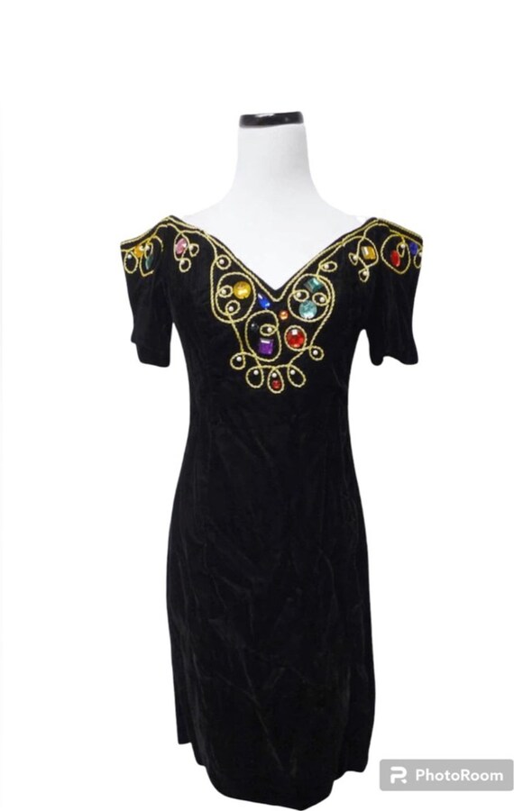 Vintage 80's Jeweled Black Velvet Dress