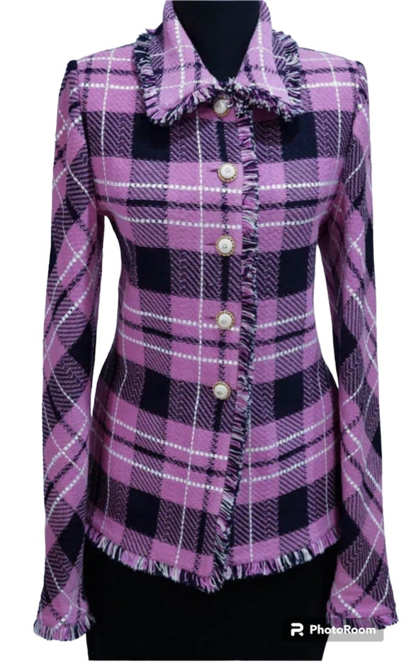St John Collections Purple & Plaid Jacket w/Fringe