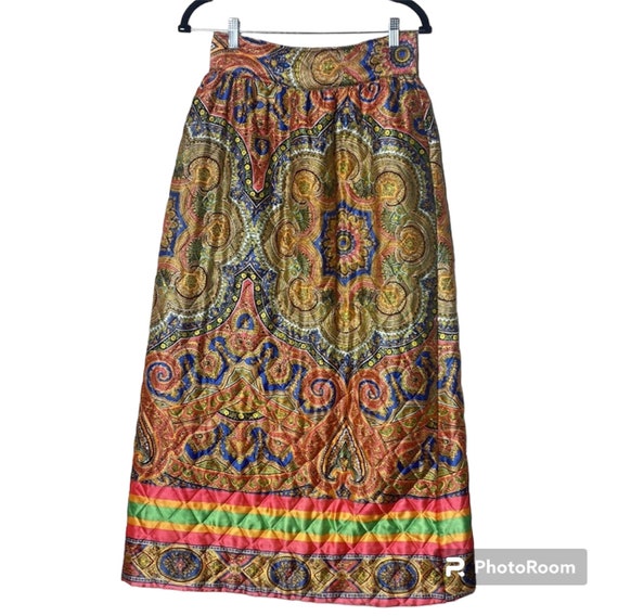 1970s Quilted Maxi Satin Gold Cooper Paisley Skirt - image 2