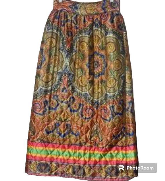 1970s Quilted Maxi Satin Gold Cooper Paisley Skirt