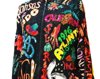 Vintage 80s 90s Pop Art  Sequin States Road Trip Beaded Jacket