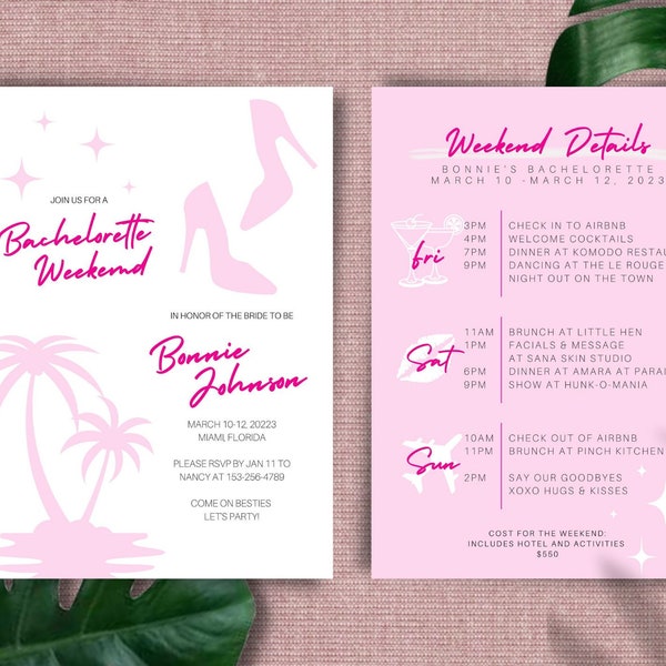 Girly Pink Bachelorette Itinerary, Bachelorette Party Invitation, Bachelorette Weekend, Malibu Barbie Inspired Theme, Editable Template,