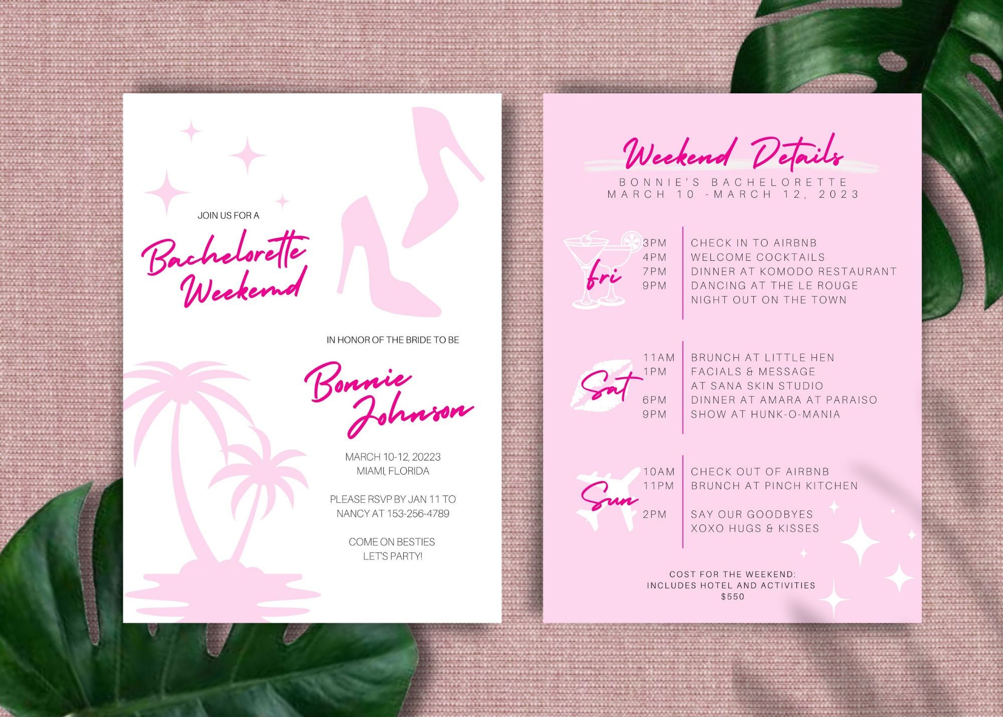 Girly Pink Bachelorette Itinerary Bachelorette Party Invitation Bachelorette Weekend Malibu Barbie Inspired Theme Editable