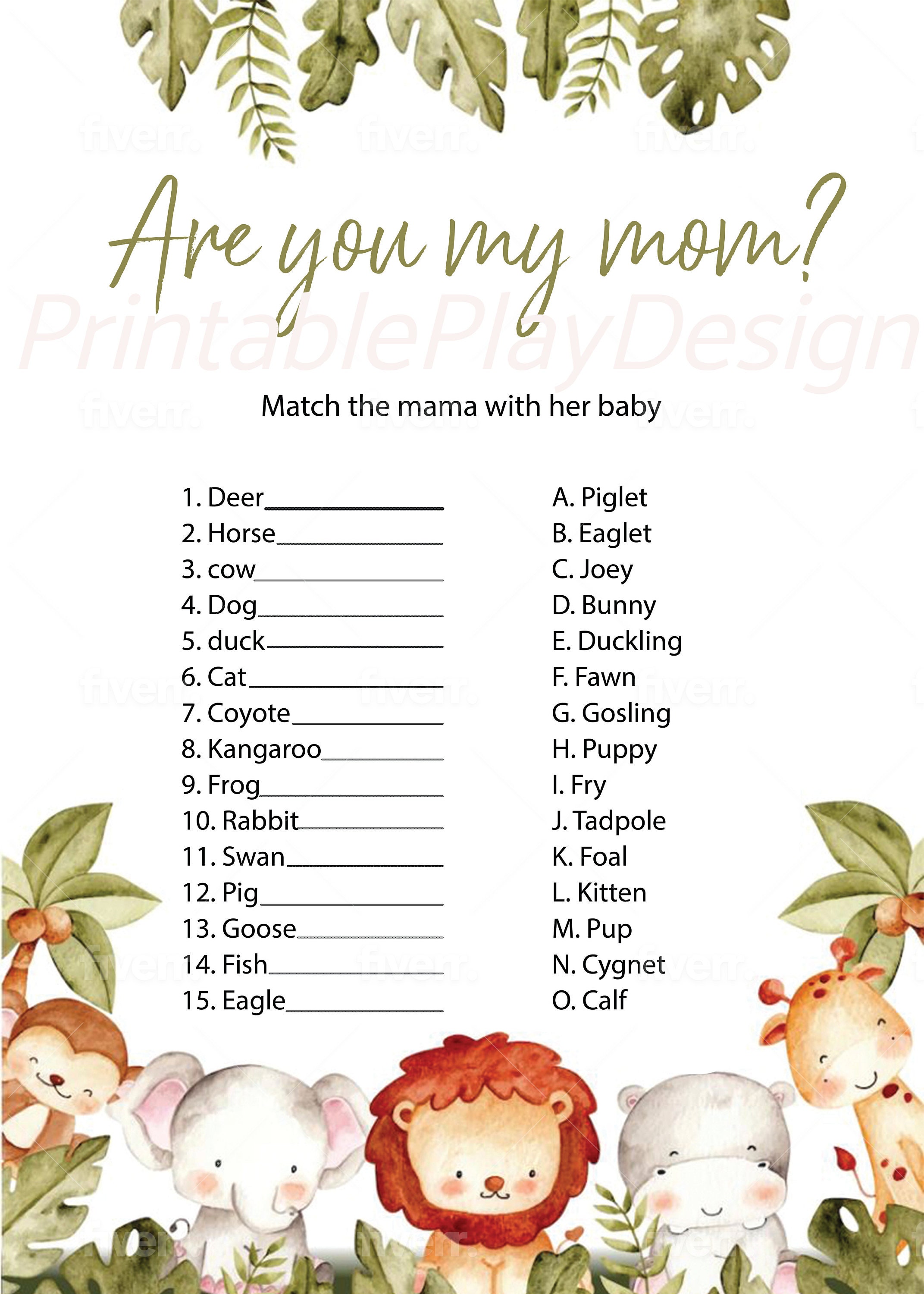 Are You My Mom Safari Baby Shower Game Gender Neutral Boy Girl Animal