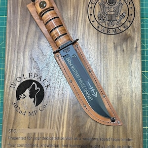 May include: A wooden plaque with a knife and leather sheath. The plaque features the US Army emblem, the words "302nd MILITARY POLICE COMPANY", and the "WOLFPACK" logo. The plaque also has an inscription.