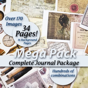 Peut inclure: Un collage d'images et de texte vintage, comprenant une horloge, un portrait de femme et un livre. Le texte indique "Over 170 Images 34 Pages! 16 Background Pages Mega Pack Complete Journal Package Hundreds of combinations".