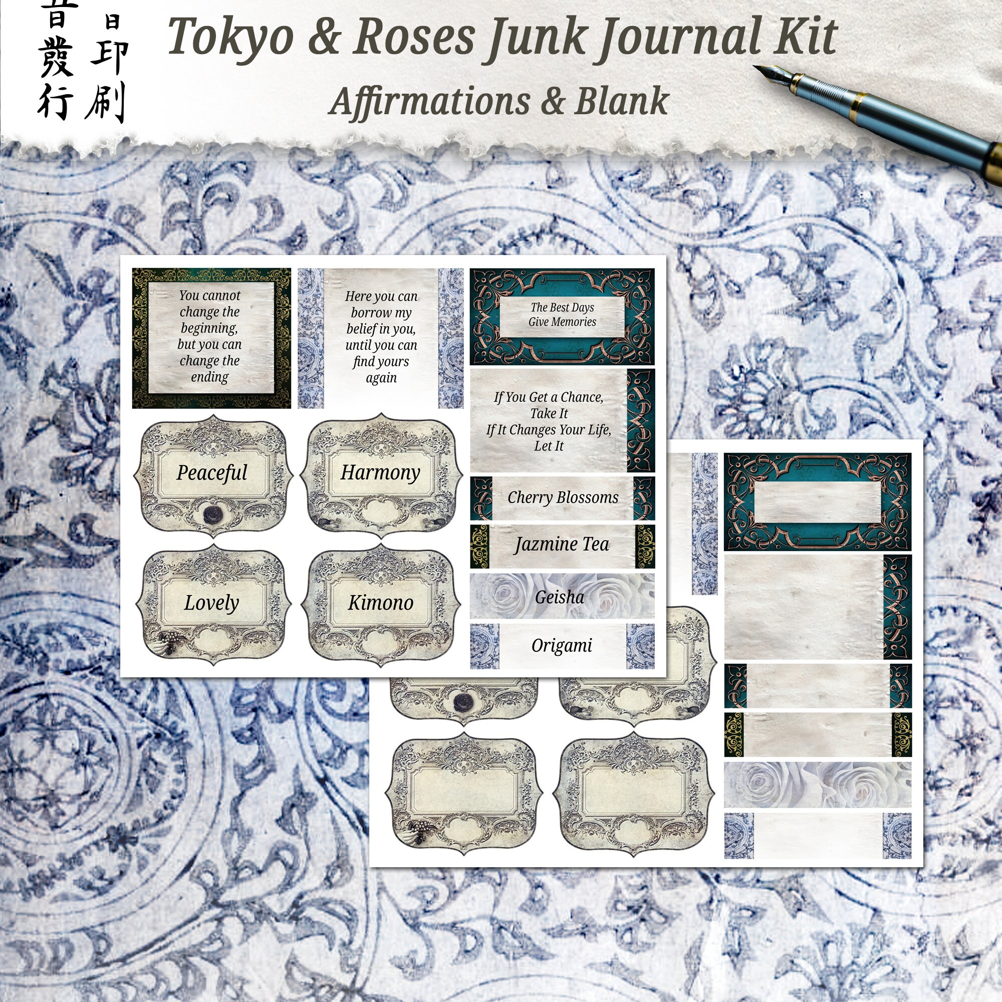 Printable 28 Page Tokyo & Roses Junk Journaling Kit Japanese