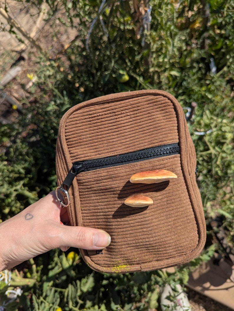May include: A brown corduroy crossbody bag with a black zip and two mushroom decorations. The bag is rectangular with a small silver keyring attached to the zip. The background is blurred green foliage.