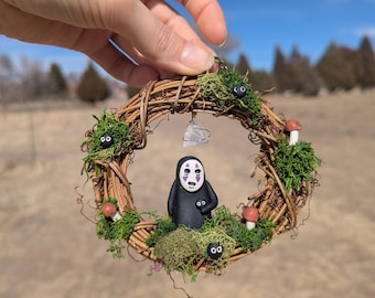 No Face Wreath l Soot l Ghibli l Sprite l 4 inches l Crystal l Magical l Decor