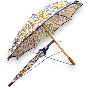 Parasol Umbrella 100% cotton handle in Malacca cane leather shoulder strap Butterfly pattern handcrafted Domizio Umbrellas since 1989