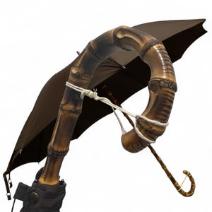 May include: A brown umbrella featuring a curved bamboo handle, secured with white string. The dark brown canopy contrasts with the light bamboo. A classic accessory for rainy days.