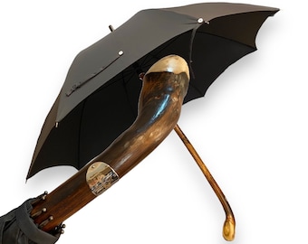 Parapluie avec Racine de Châtaignier, tige pleine, pointe en corne, fabrication artisanale, parapluies Domizio depuis 1989, Made in Italy