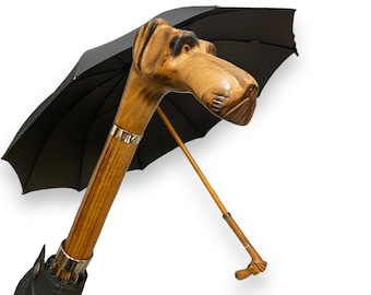 Classic Umbrella with carved wooden handle Alano 10 ribs, Black color - Craftsmanship Domizio Umbrellas Made in Italy