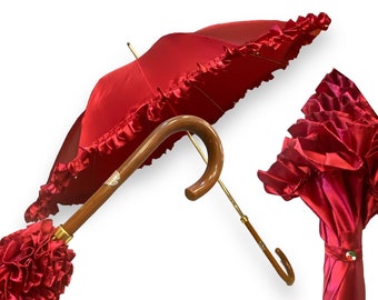 Women's umbrella "800 style" glossy Bordeux color Malacca cane handle craftsmanship Domizio umbrellas since 1989 Made in Italy