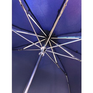 Puede incluir: Vista cercana de la parte inferior de una sombrilla azul. La sombrilla tiene un marco de metal plateado y un mango de metal plateado.