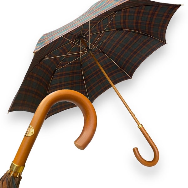 Regenschirm mit Griff aus Malakka-Rohr, harzbeschichteter Baumwollstoff, handwerkliche Verarbeitung. Domizio-Regenschirme seit 1989, hergestellt in Italien