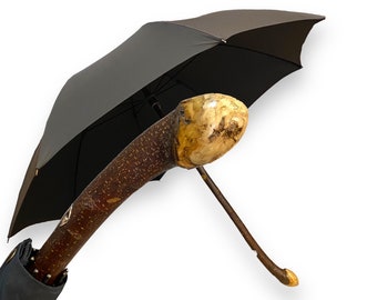 Umbrella with Chestnut Root with bark full shaft and horn tip, artisanal workmanship Domizio umbrellas since 1989 Made in Italy