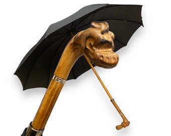 Classic Bulldog umbrella with sculpted wooden handle, 10 ribs, black color - Craftsmanship Domizio Umbrellas Made in Italy