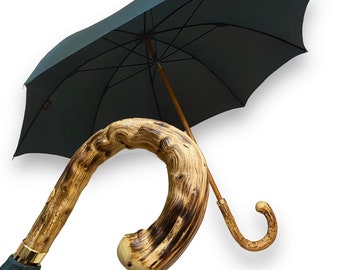 Artisan umbrella, green broom wood handle. Domizio umbrellas since 1989 Made in Italy