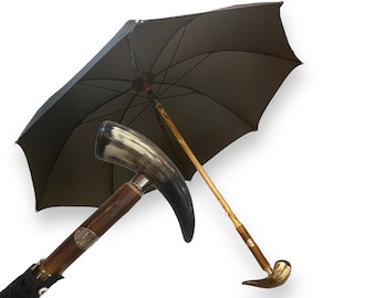 Umbrella with horn tail knob and chestnut wooden stick, craftsmanship Domizio umbrellas since 1989 Made in Italy