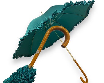 Ombrello Donna "stile 800"  Colore Verde lucido manico in canna di Malacca lavorazione artigianale Ombrelli Domizio dal 1989 Made in Italy