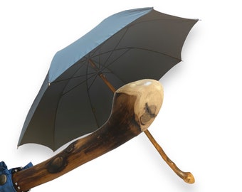 Whole stick umbrella with whole chestnut root and horn tip, handcrafted Domizio umbrellas since 1989 Made in Italy