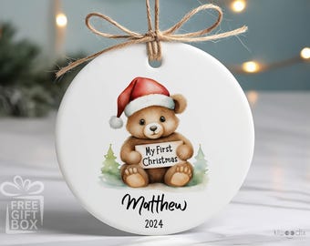 Personalized Baby's First Christmas Ornament Ceramic Bear Design With Name and Year Custom Newborn Gift 2024