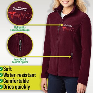 a woman wearing a red jacket with the words, soft water resistant comfortable dress quickly