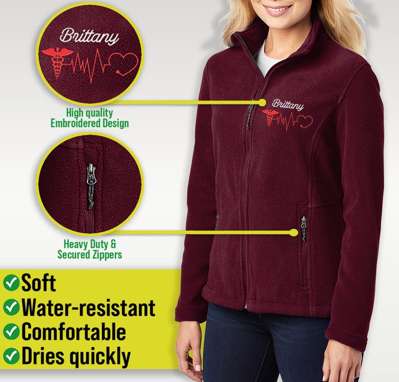 a woman wearing a red jacket with the words, soft water resistant comfortable dress quickly