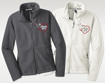 Personalized Embroidered Fleece Medical Jacket for Women | Custom Heart Stethoscope Design, Nurse Gift