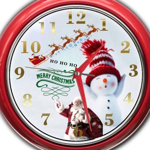 Santa, Weihnachten, Schneemann Wanduhr im Metalleinfassungsgehäuse