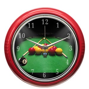 Bar, man cave, Pool ball game, metal surround Apx 10 inch retro wall clock