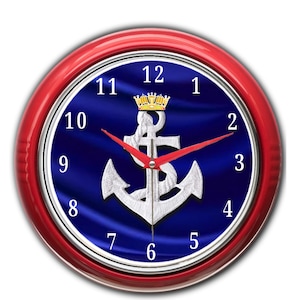 British forces  Merchant Navy MN/Royal Navy anchor logo with Royal naval association crown in a metal surround retro wall clock