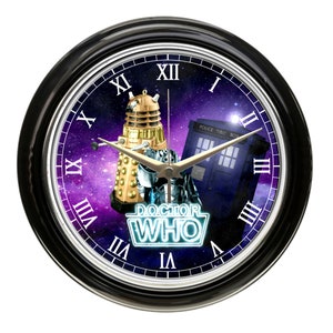 May include: A black wall clock with a silver rim and Roman numeral markings. The clock face features a purple and black galaxy background with a Dalek and TARDIS, and the text "DOCTOR WHO" in neon blue.