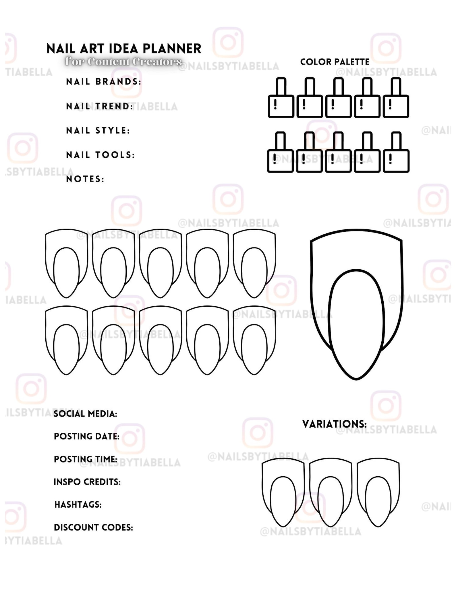 Nail Art Sketchbook Printable Digital Template Nail Content Creators ...