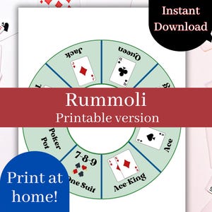 Juego de mesa Rummoli, juego de cartas imprimible, descarga instantánea, juego familiar clásico, póquer Michigan Rummy