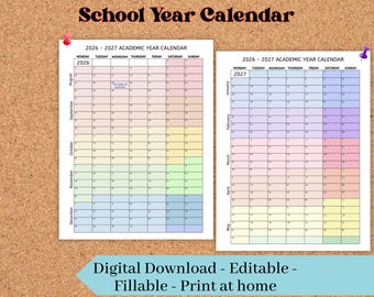 School Year Calendar, Printable Academic Year 2026 - 2027 Calendar, August start 2-page fillable Calendar, Academic planner, Wall Calendar