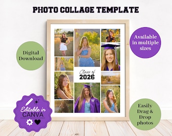 Graduation Senior Portraits Collage, Editable Canva Template photo Collage, Senior Memory Poster, Class of 2026 Photos Digital Download