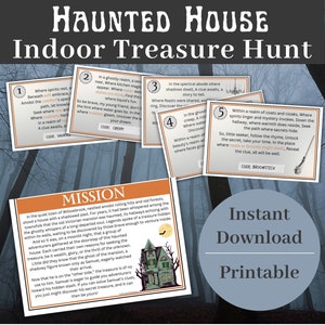 Scavenger Hunt game for kids, Haunted House theme Treasure Hunt for kids tweens and teens, Printable Halloween Indoor Treasure hunt clues