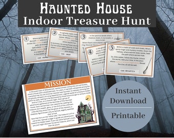Scavenger Hunt game for kids, Haunted House theme Treasure Hunt for kids tweens and teens, Printable Halloween Indoor Treasure hunt clues