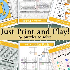 May include: A set of printable puzzles for kids. The puzzles include a shape area puzzle, a crypto-math puzzle, a Sudoku path puzzle, a Polybius cipher puzzle, and a pictogram puzzle. The puzzles are designed to be fun and educational.