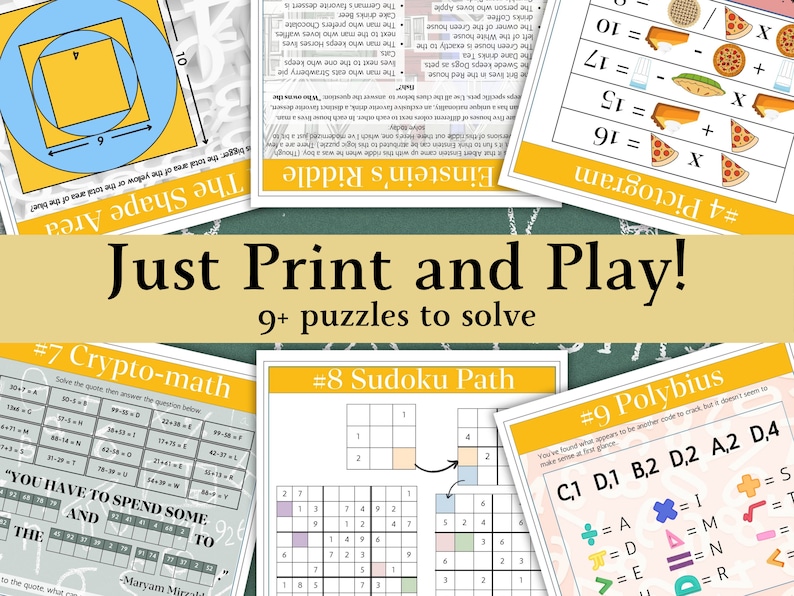 May include: A set of printable puzzles for kids. The puzzles include a shape area puzzle, a crypto-math puzzle, a Sudoku path puzzle, a Polybius cipher puzzle, and a pictogram puzzle. The puzzles are designed to be fun and educational.