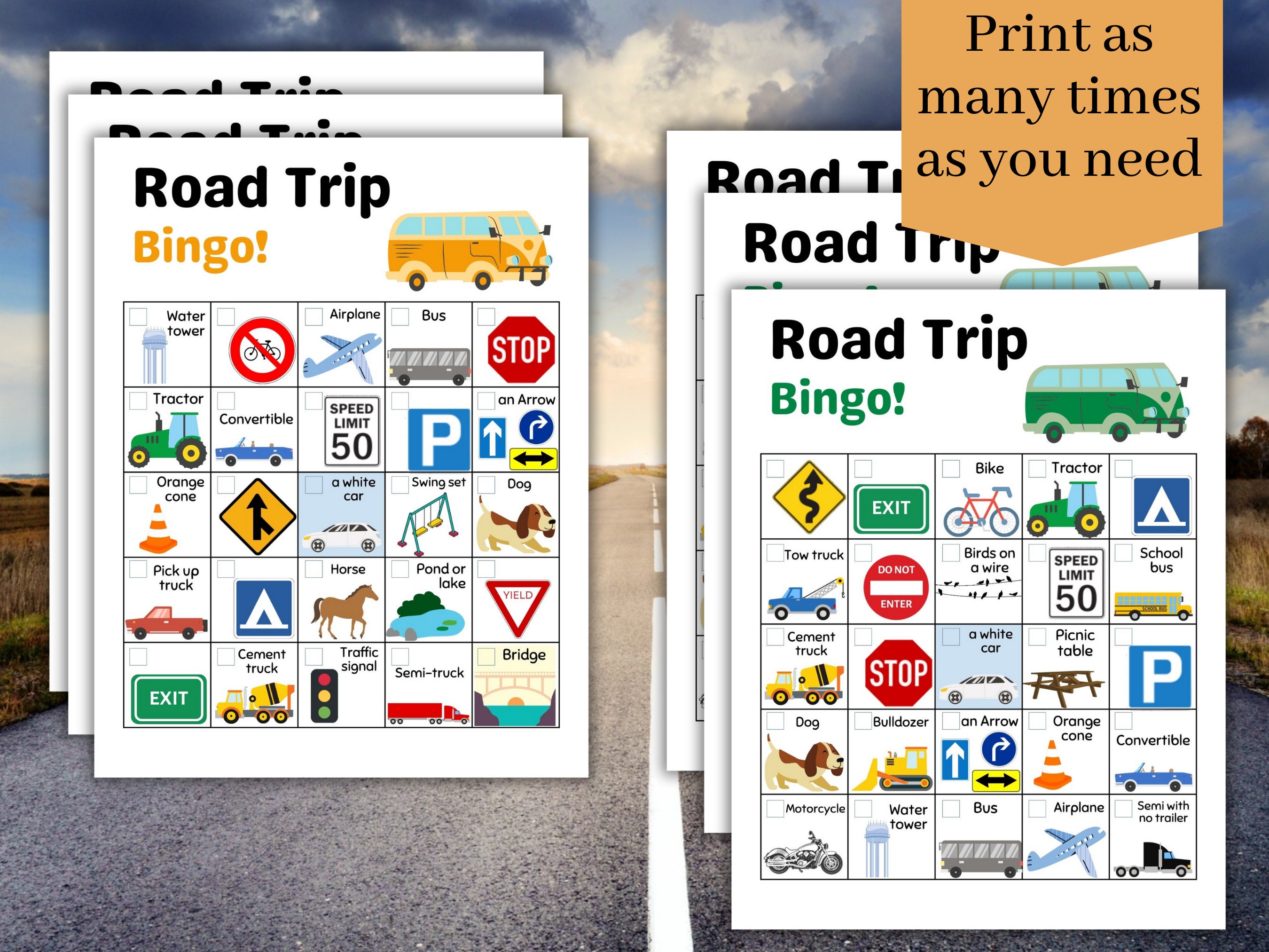 Road Trip Bingo Printable Car Game Set of 6 Bingo Cards Road Trip