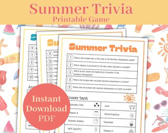 Juego de trivia de verano Juego de fiesta imprimible para preadolescentes adolescentes adultos, juego de rompecabezas de trivia de verano, juego para romper el hielo, juego de fiesta de verano, fiesta en la piscina