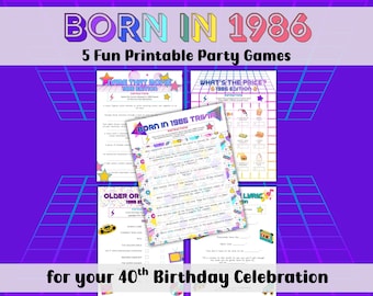 40th Birthday games, Printable games for 40th birthday party, 1986 Trivia bundle, Born in 1986, 80s trivia game