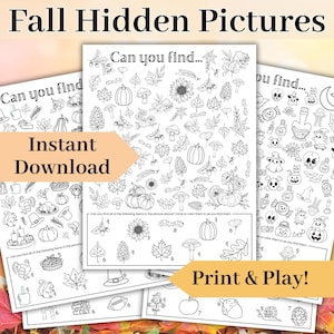 Peut inclure: Trois jeux de recherche d'images imprimables sur le thème de l'automne, en noir et blanc. Chaque page présente divers éléments automnaux comme des citrouilles, des feuilles et des champignons. Le texte "Fall Hidden Pictures", "Can you find...", "Instant Download", et "Print & Play!" sont visibles.